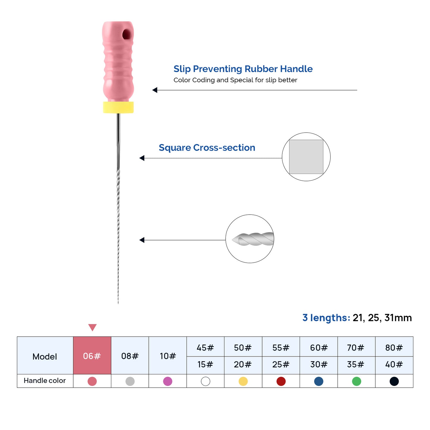JMU HAND USE FILES, K-FILES, Stainless Steel, 21mm, 6pcs/Pk