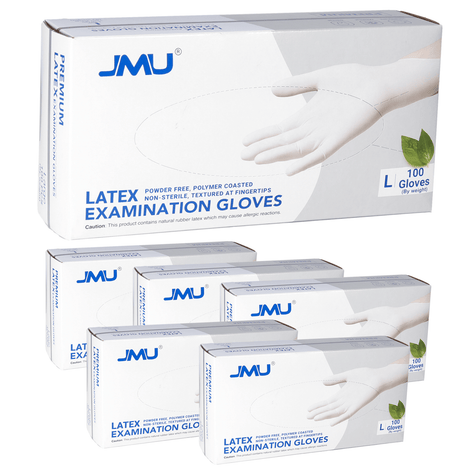 JMU Premium Latex Examination Gloves, Polymer Coasted, Powder-free, Non-Sterile, White, 100pcs/box