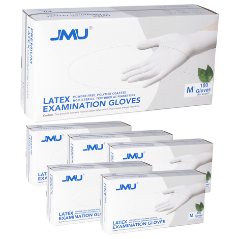 JMU Premium Latex Examination Gloves, Polymer Coasted, Powder-free, Non-Sterile, White, 100pcs/box