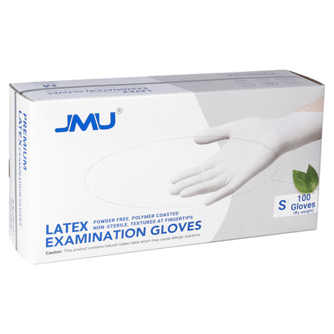 JMU Premium Latex Examination Gloves, Polymer Coasted, Powder-free, Non-Sterile, White, 100pcs/box