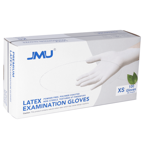 JMU Premium Latex Examination Gloves, Polymer Coasted, Powder-free, Non-Sterile, White, 100pcs/box