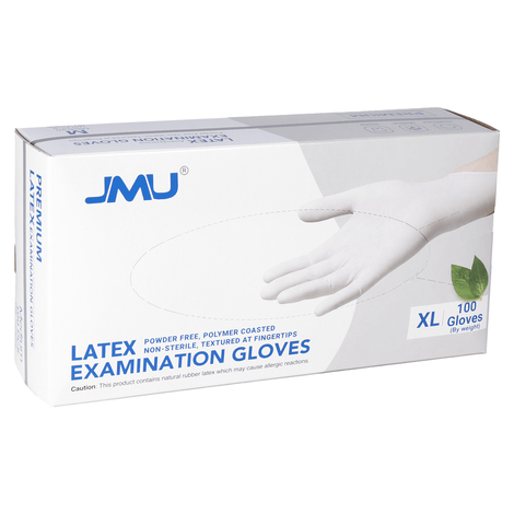 JMU Premium Latex Examination Gloves, Polymer Coasted, Powder-free, Non-Sterile, White, 100pcs/box