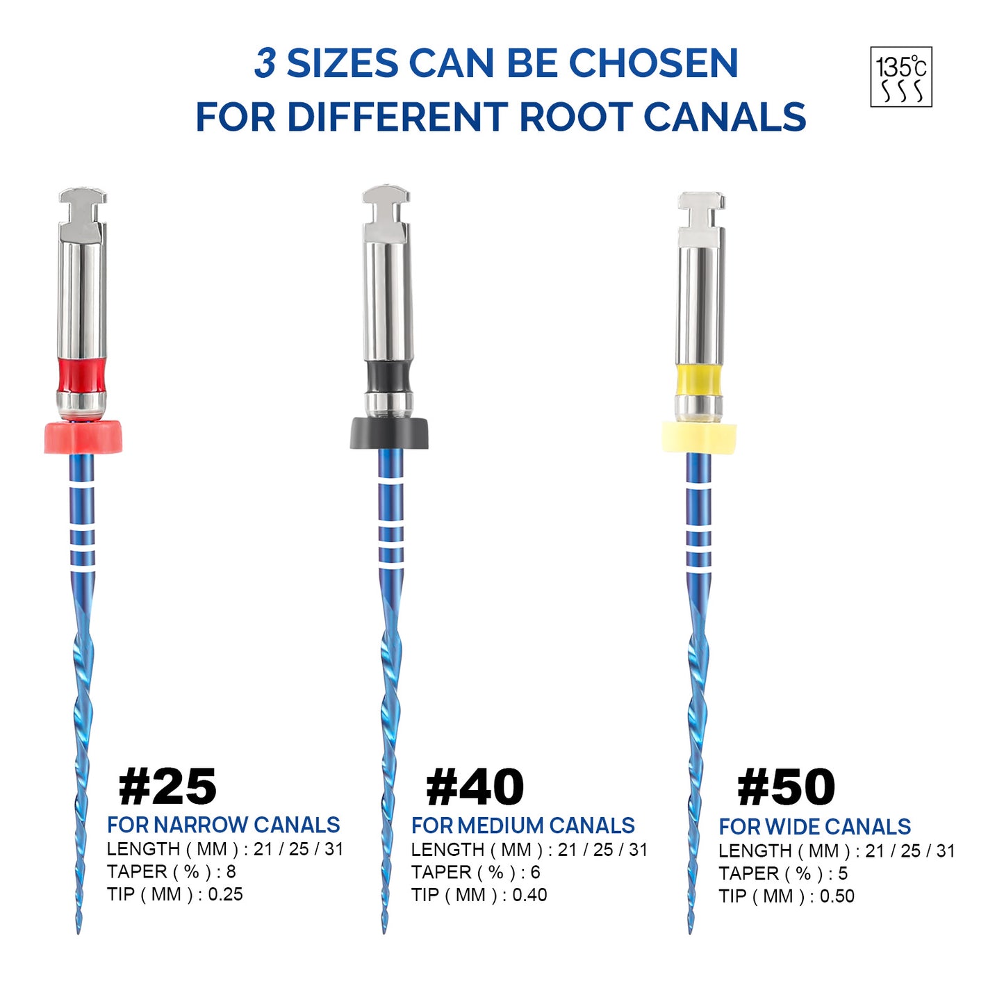 JMU NITI ROTARY FILES, RC-B ONLY FILES, #25(21mm), Sterilized Packing, 6pcs/Pk, (BLUE)