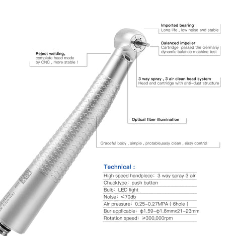 COXO CX207-G Fiber-opticÊHigh-speed Air Turbine Handpiece, ³300,000rpm, Standard Head, 3-port spray, (no coupling, fit into NSK or COXO 229-GN 6-hole coupler), #H16-NSPQ