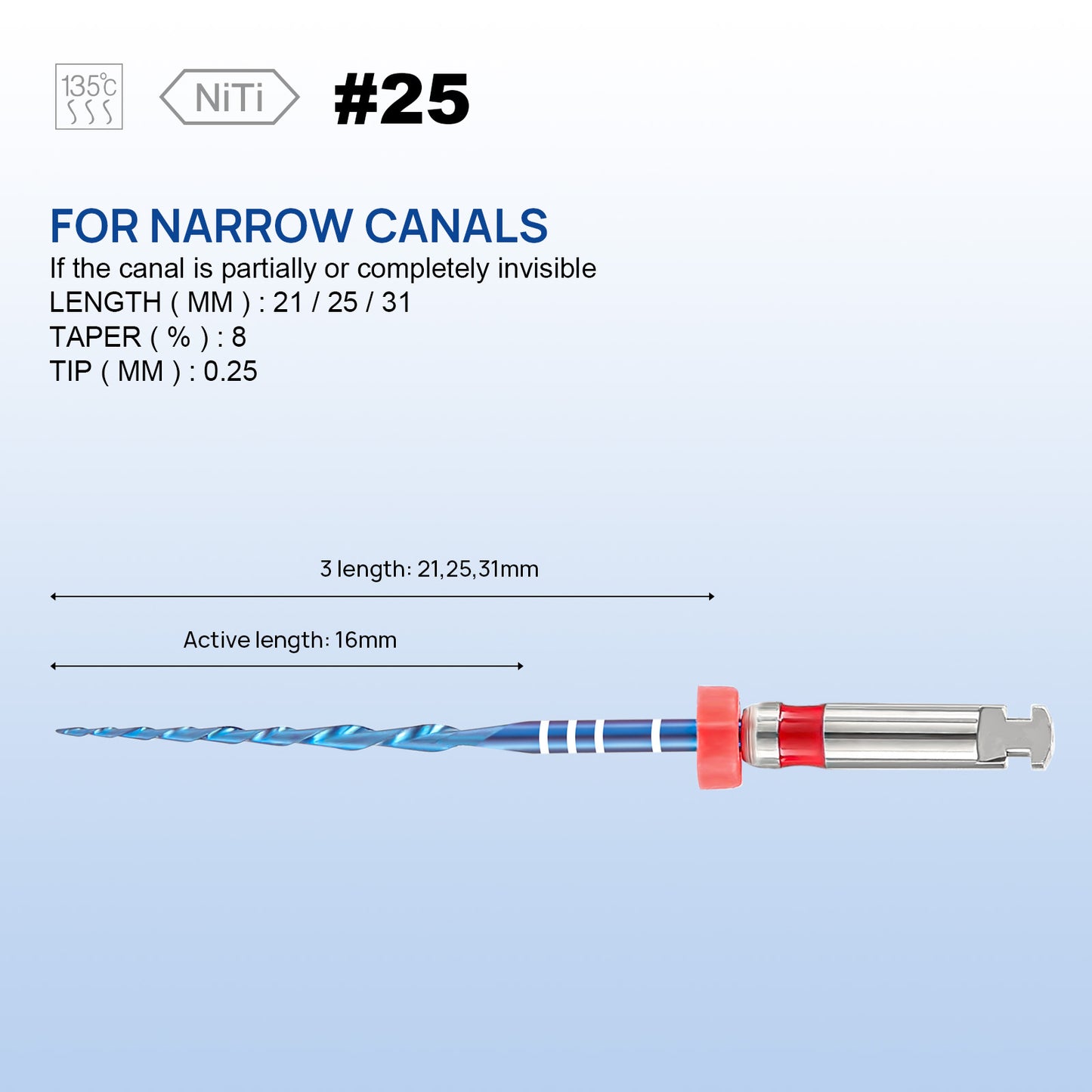 JMU NITI ROTARY FILES, RC-B ONLY FILES, #25(21mm), Sterilized Packing, 6pcs/Pk, (BLUE)