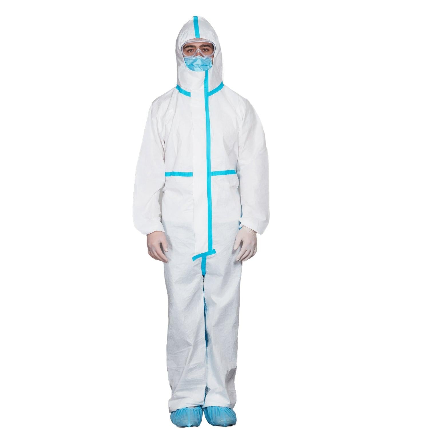 JMU White Coverall with Blue Binding Isolation Gown - JMU DENTAL INC