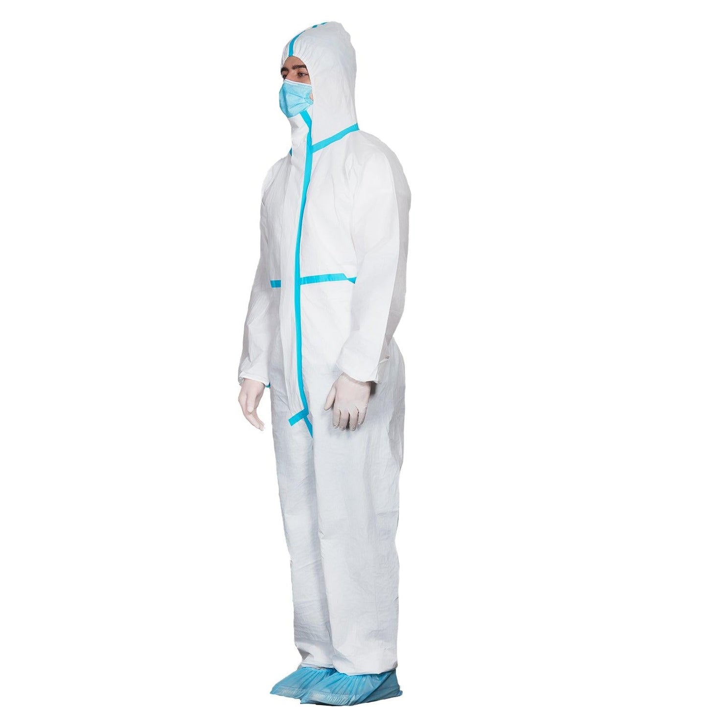 JMU White Coverall with Blue Binding Isolation Gown - JMU DENTAL INC