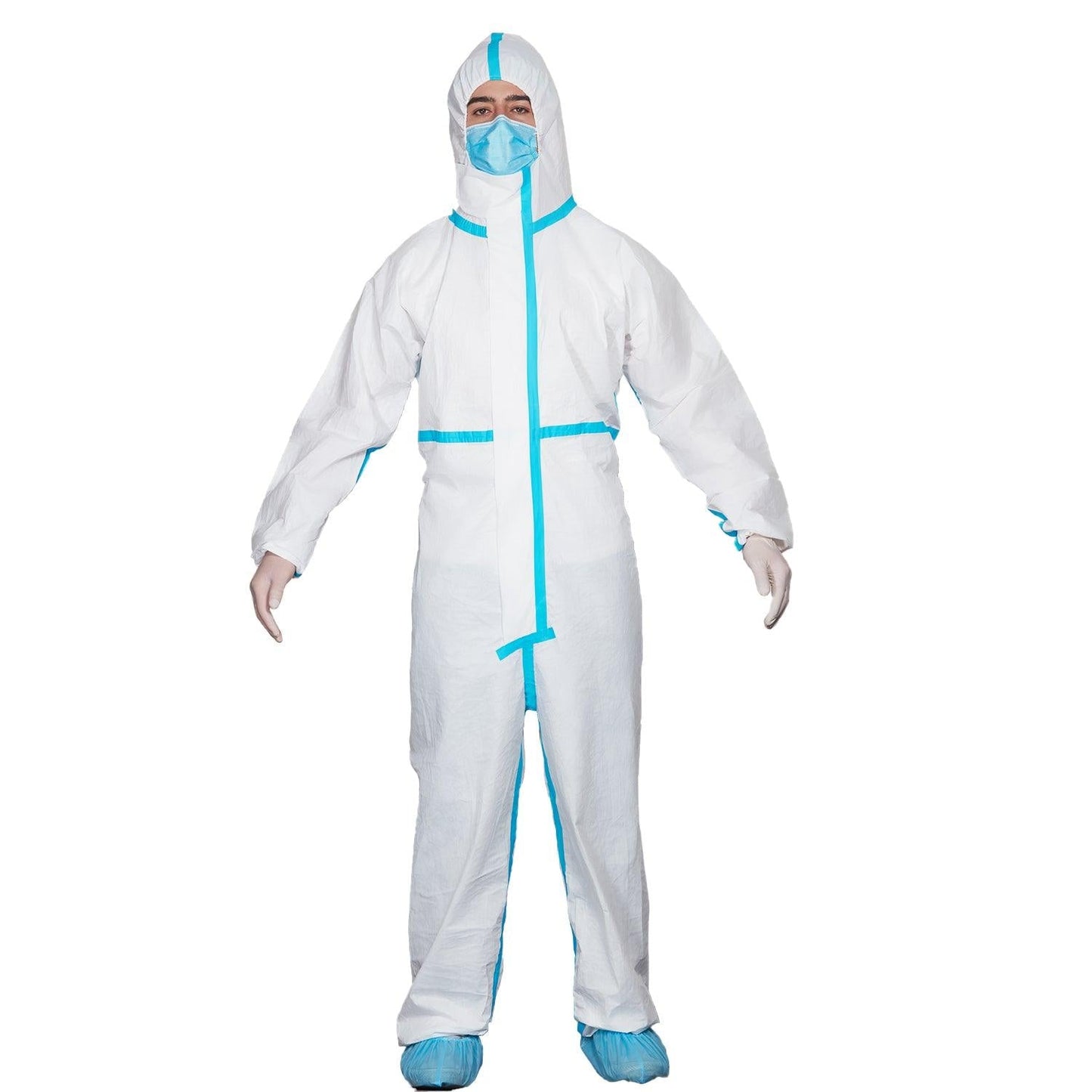 JMU White Coverall with Blue Binding Isolation Gown - JMU DENTAL INC