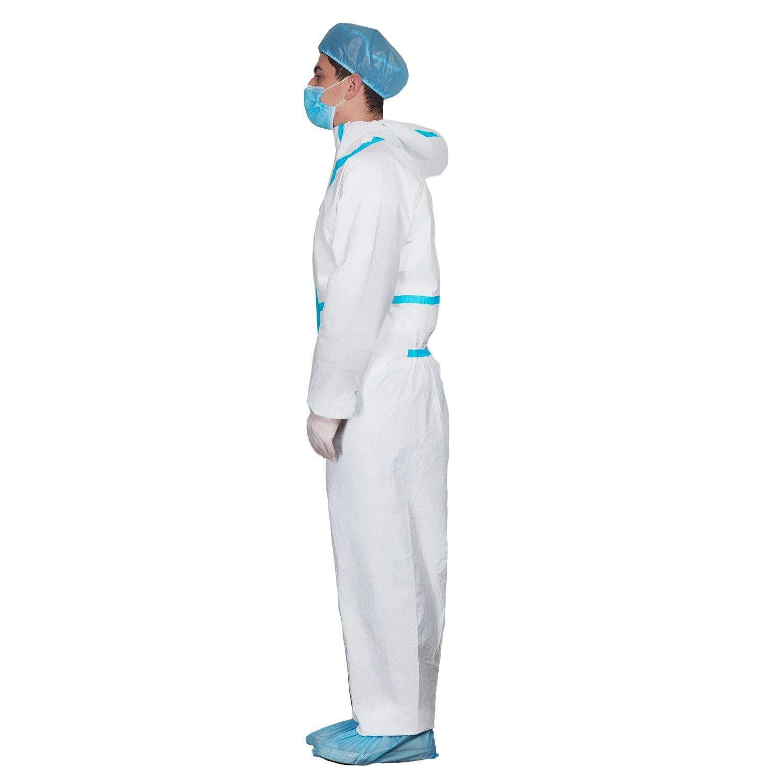 JMU White Coverall with Blue Binding Isolation Gown - JMU DENTAL INC