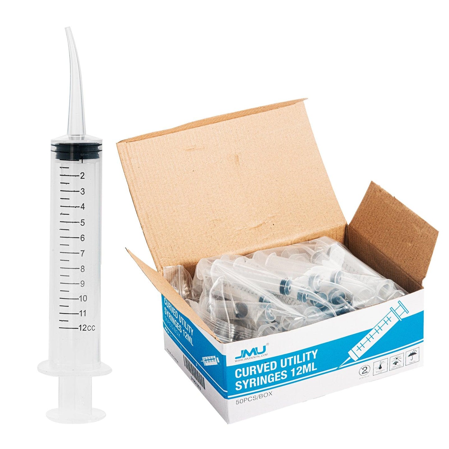 JMU Dental Irrigation Syringes Curved Tips with Measurement 12ml 50/Box - JMU DENTAL INC