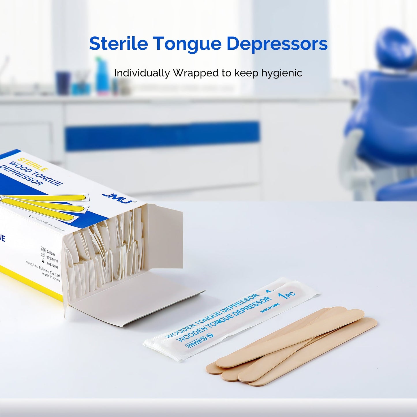 JMU Disposable Wooden Tongue Depressors Sterile 6 Inch 100/Box