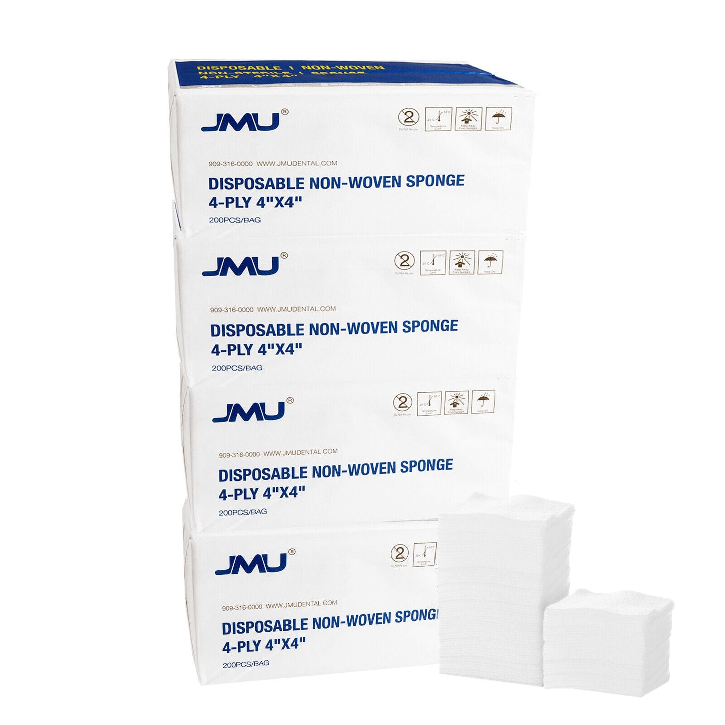 JMU Gauze Pads Non-Woven Sponge 4-Ply 4"x4" Non-sterile 200/Bag - JMU DENTAL INC